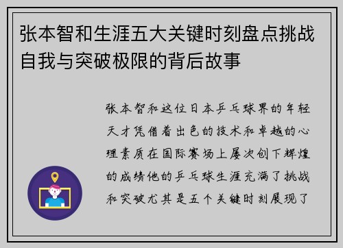 张本智和生涯五大关键时刻盘点挑战自我与突破极限的背后故事 张本智和生涯五大关键时刻盘点挑战自我与突破极限的背后故事