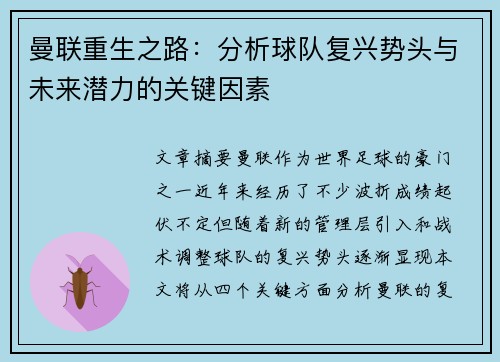曼联重生之路：分析球队复兴势头与未来潜力的关键因素