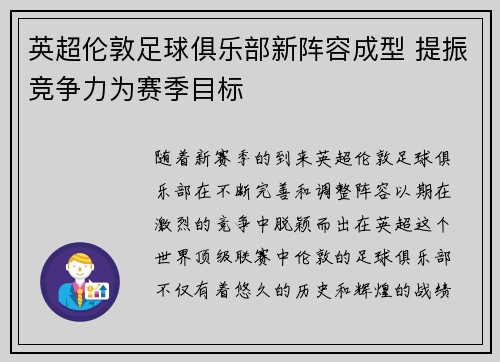 英超伦敦足球俱乐部新阵容成型 提振竞争力为赛季目标